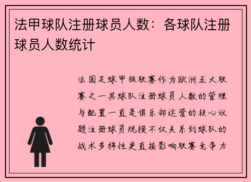 法甲球队注册球员人数：各球队注册球员人数统计